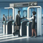 "Delta Airlines employee demonstrating biometric boarding technology at U.S. airport, showcasing seamless travel experience and advanced security measures."