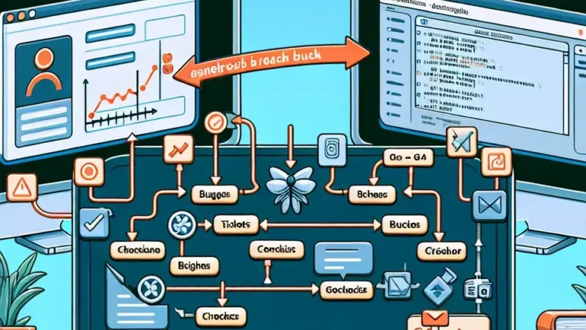 "Integrating issue trackers with Git workflow: visual representation of seamless collaboration between developers and project management tools, showcasing code updates linked to task management in a tech environment."