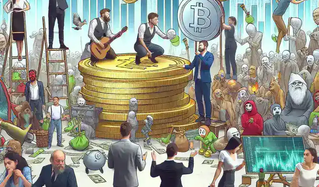 "Colorful illustration of various popular memecoins like Dogecoin and Shiba Inu, symbolizing their impact on crypto markets and highlighting applications and risks associated with meme-based cryptocurrencies in the digital economy."