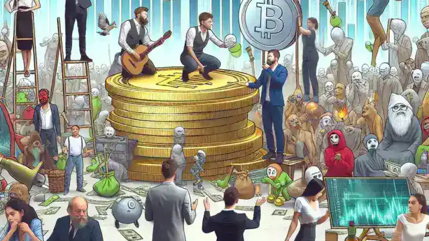 "Colorful illustration of various popular memecoins like Dogecoin and Shiba Inu, symbolizing their impact on crypto markets and highlighting applications and risks associated with meme-based cryptocurrencies in the digital economy."