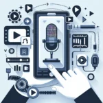 "Smartphone displaying voiceover explainer video editing app interface, showcasing features for content creators in a modern workspace setting, highlighting tools for enhancing audio and visuals."