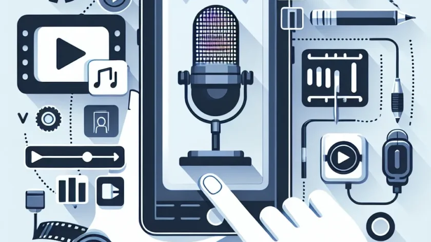 "Smartphone displaying voiceover explainer video editing app interface, showcasing features for content creators in a modern workspace setting, highlighting tools for enhancing audio and visuals."