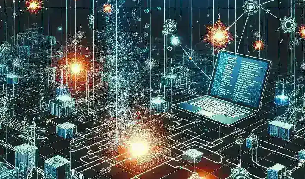"Illustration of a smart grid network showcasing energy market disruption, with interconnected devices and hackers symbolizing cybersecurity threats in the energy sector."