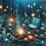 "Illustration of a smart grid network showcasing energy market disruption, with interconnected devices and hackers symbolizing cybersecurity threats in the energy sector."