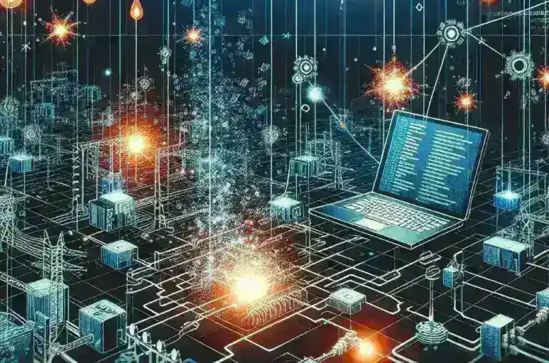 "Illustration of a smart grid network showcasing energy market disruption, with interconnected devices and hackers symbolizing cybersecurity threats in the energy sector."