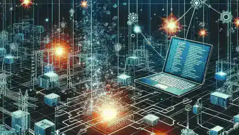 "Illustration of a smart grid network showcasing energy market disruption, with interconnected devices and hackers symbolizing cybersecurity threats in the energy sector."