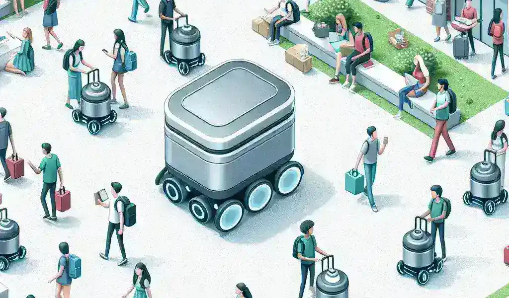 "Starship Technologies delivery robot navigating a university campus, showcasing the future of autonomous food delivery services for students."
