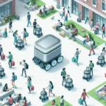 "Starship Technologies delivery robot navigating a university campus, showcasing the future of autonomous food delivery services for students."
