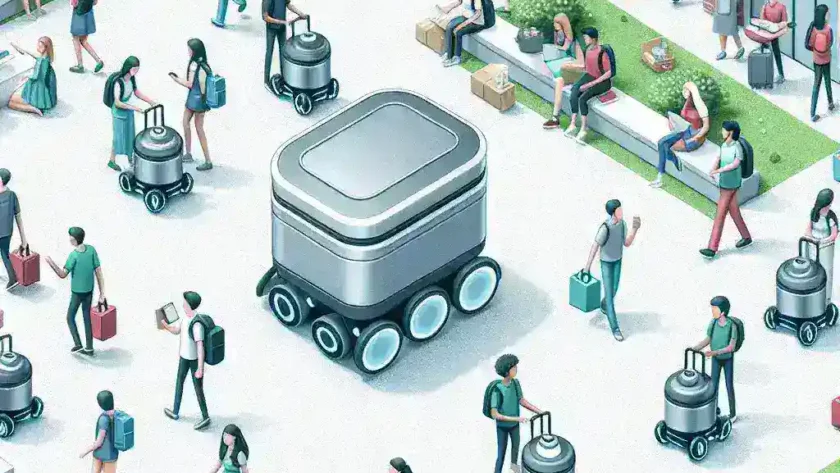 "Starship Technologies delivery robot navigating a university campus, showcasing the future of autonomous food delivery services for students."