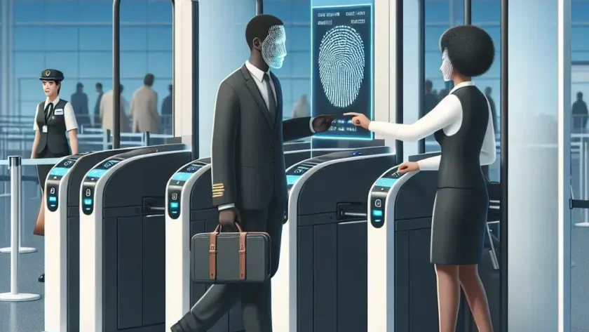 "Delta Airlines employee demonstrating biometric boarding technology at U.S. airport, showcasing seamless travel experience and advanced security measures."