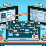 "Integrating issue trackers with Git workflow: visual representation of seamless collaboration between developers and project management tools, showcasing code updates linked to task management in a tech environment."