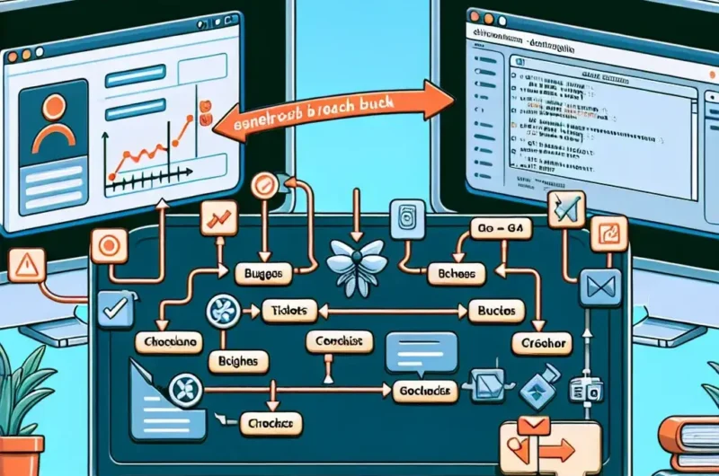 "Integrating issue trackers with Git workflow: visual representation of seamless collaboration between developers and project management tools, showcasing code updates linked to task management in a tech environment."