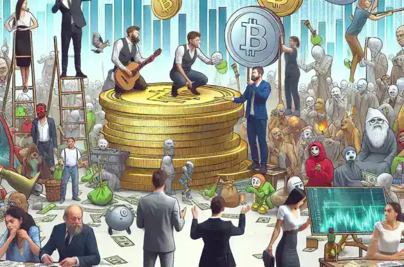 "Colorful illustration of various popular memecoins like Dogecoin and Shiba Inu, symbolizing their impact on crypto markets and highlighting applications and risks associated with meme-based cryptocurrencies in the digital economy."