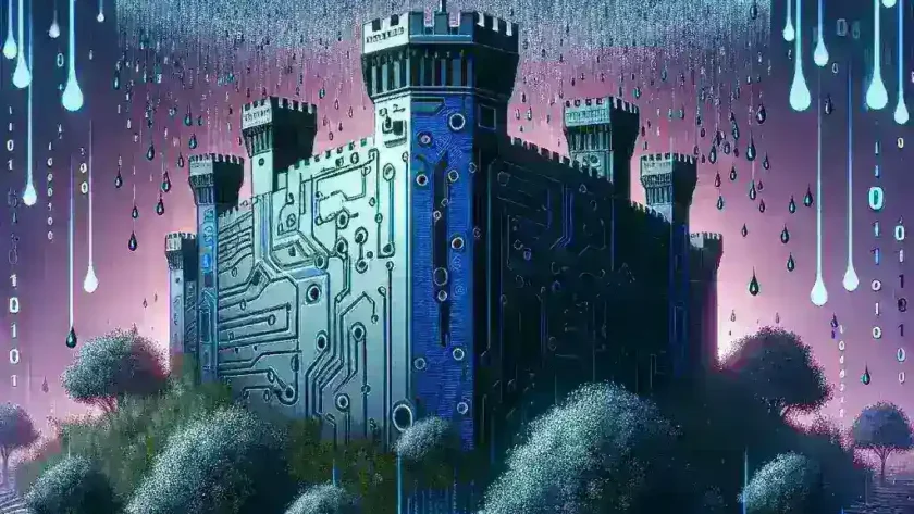 "Illustration showing cybersecurity measures to prevent AI model inversion and data poisoning, including a shield, a lock, and a computer network diagram."